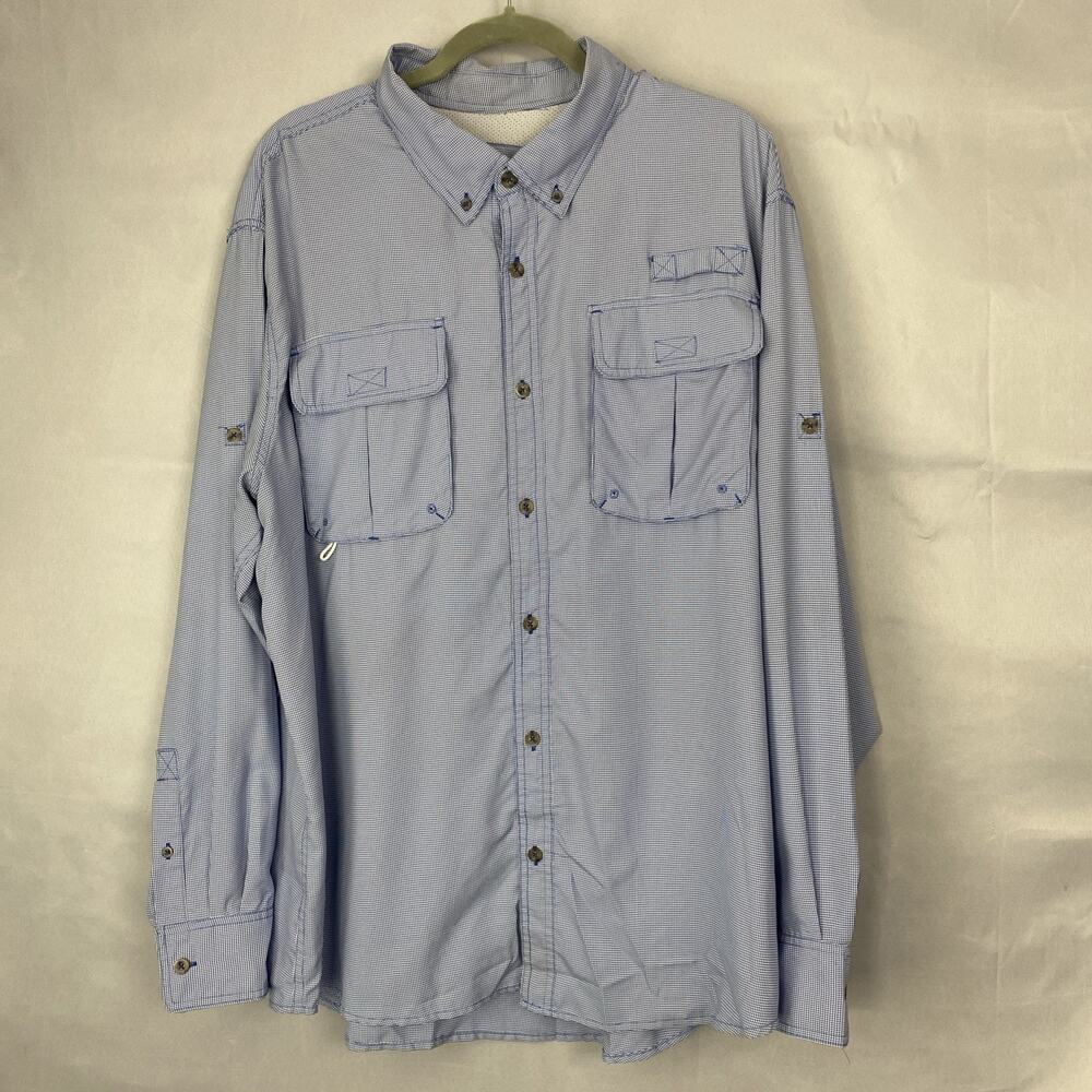 Cabelas Fishing Shirt Mens XL Blue Hiking LS Roll Tab Vented Button Up UPF 30 UV